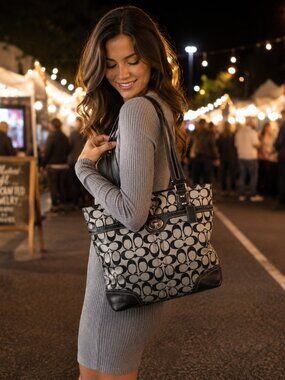 Coach Hamptons Black & Gray Jacquard Canvas Tote/Crossbody Bag | Style F13973